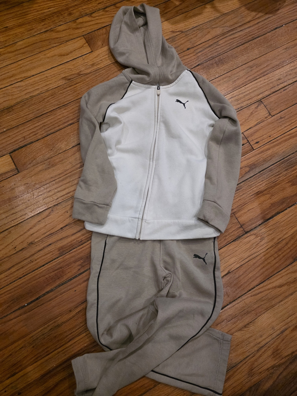 PUMA Kids Hooded Pajama Set in Light Gray and Cream